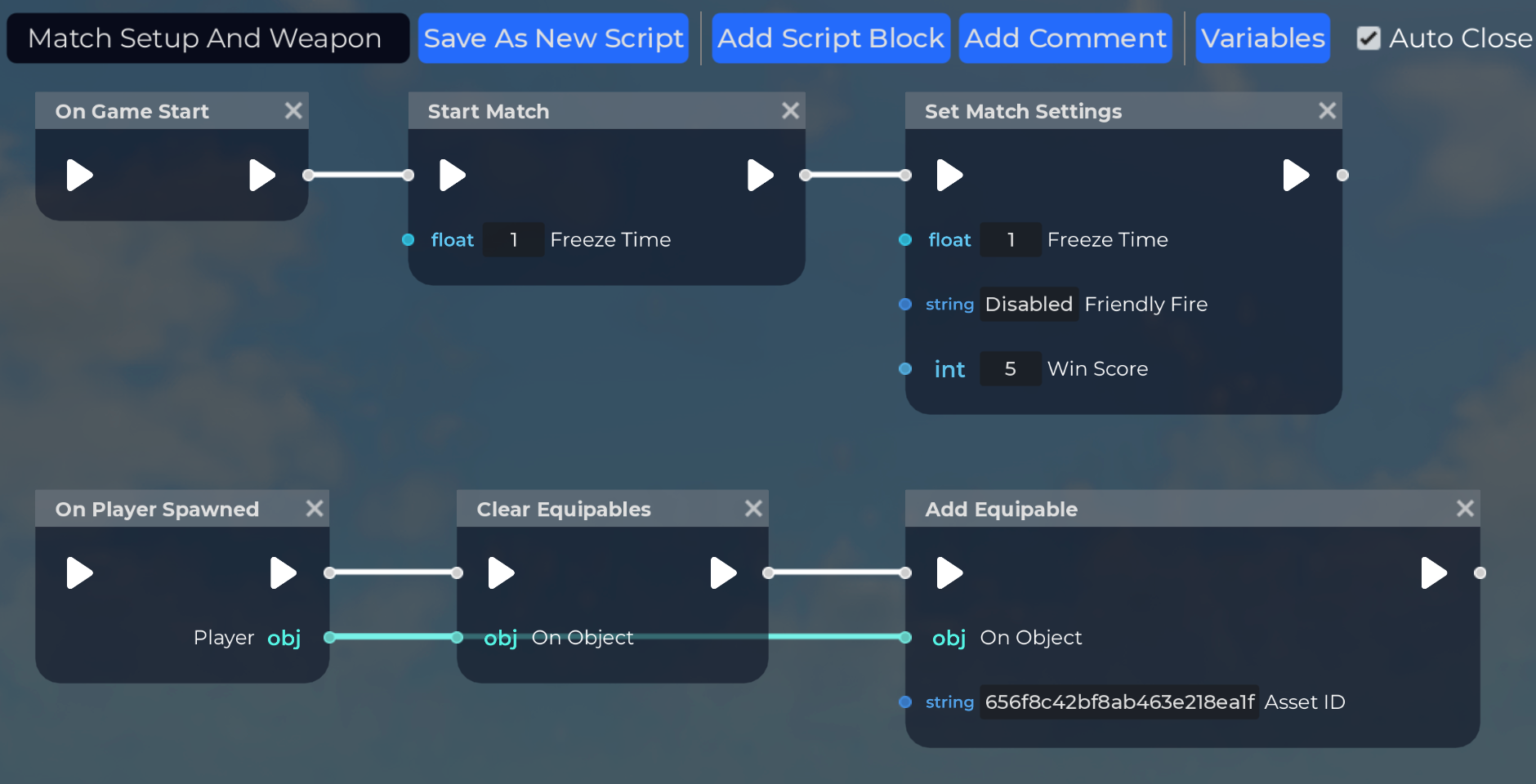 Script that starts a match, sets the match settings, and gives players guns